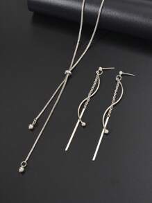Conjunto De Joias Minimalista De Festa Com 3 Peças: Colar De Pingente Longo Estilo Corrente Longa Prateada, Brincos De Pingente De Bastão