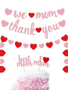 4入組母親節浪漫主題派對裝飾套裝：橫幅、蛋糕插旗、裝飾牙籤 - 粉色 - 查看 3