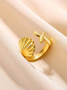 1pc Fashionable Oil Pressure Style Gold-Plated Stainless Steel Starfish & Seashell Design Adjustable Ring, Suitable For Daily Wear And Beach Jewelry Gifts For Women