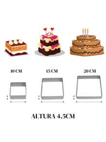 Aros Cuadrados Para Pastelería Repostería Mousses Postres 3 Piezas Acero Inoxidable 10, 15 y 20 cm Altura: 4.5cm