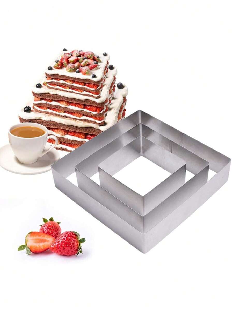 Aros Cuadrados Para Pastelería Repostería Mousses Postres 3 Piezas Acero Inoxidable 10, 15 y 20 cm Altura: 4.5cm