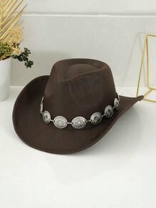 1pc Unisex PU Leather Western Cowboy Hat, Matched With Unique 3D Metal Buckle Hatband Belt Chain, Retro Steampunk Accessory, Gift For Men, Suitable For Party, Western-Themed Activities, Gatherings, Cosplay, Graduation Ceremonies, Costume Parties, Festivals, And Music Festivals Halloween