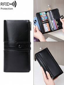 MIYIN RFID Blocking Bifold Large Capacity Women's Wallet Retro Zipper Soft Leather With Multiple Card Slots & ID Window For Credit Card/ ID Card/ / Cash/Cell Phone Quilted Detail Card Holder Clutch Bag For Lady Robber For Men Wallet Purse Wallet Long Wallet