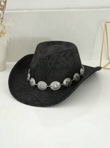 1pc Unisex PU Leather Western Cowboy Hat, Matched With Unique 3D Metal Buckle Hatband Belt Chain, Retro Steampunk Accessory, Gift For Men, Suitable For Party, Western-Themed Activities, Gatherings, Cosplay, Graduation Ceremonies, Costume Parties, Festivals, And Music Festivals Halloween