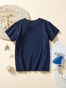 Young Boys Cartoon Shark Print Short Sleeve T-Shirt, Casual And Fashionable Outerwear For Spring/Summer - Navy Blue - View 2