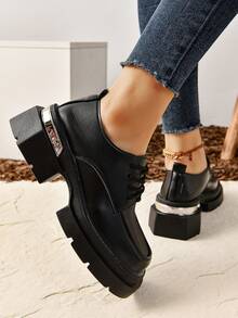 女式時尚綁帶皮革鞋,厚底英倫風格,復古風格萬用方頭粗跟防水台高跟鞋 - 黑色 - 查看 4