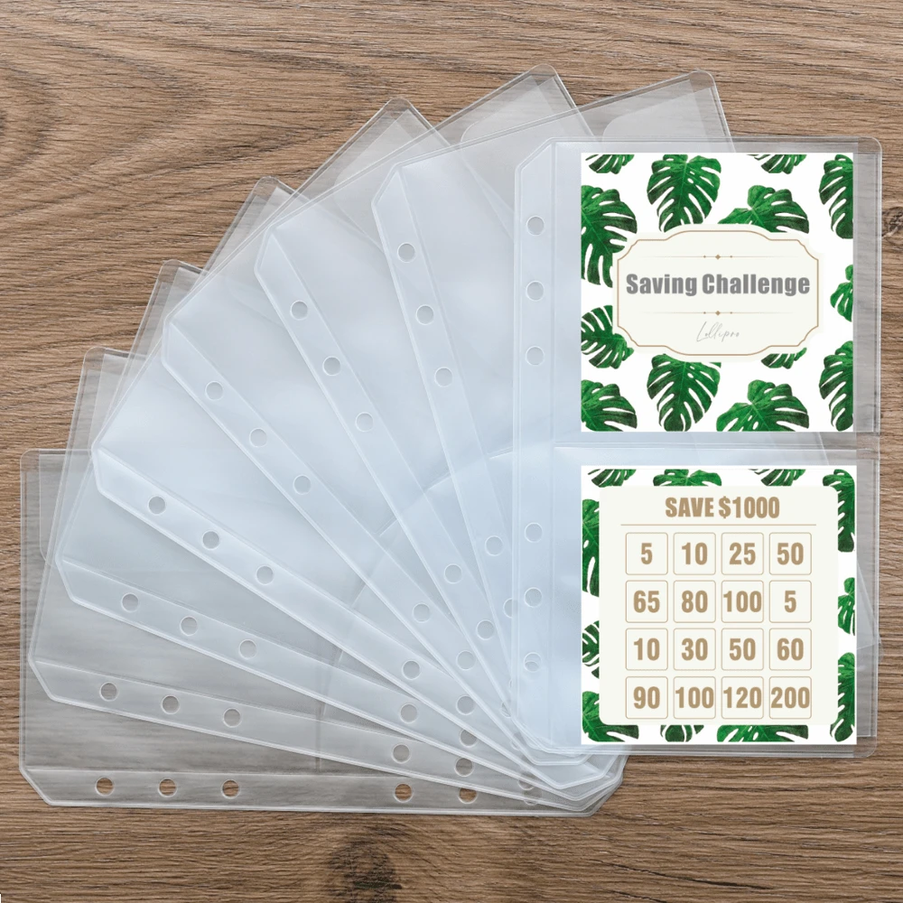 lollipro A6 活页夹口袋 8 个 PVC 双口袋信封，适用于 6 环 A6 活页夹，双面配有 1 张 300gsm 品脱储蓄挑战卡和 1 张用于预算整理器的金钱贴纸 - 綠色 - 查看 1