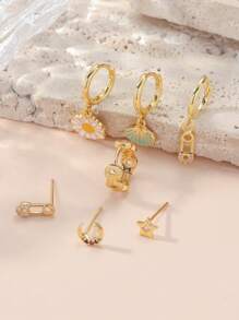 7pcs Stylish Vacation Style Asymmetrical Colorful Rhinestone Earrings Set + Fashionable Copper Zirconia Sunflower, Shell, Star, Moon, Clasp Stud Earrings Valentines,Mom,Mother,Mother's Day,Gift