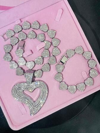 PCS/Set Hollow Heart Pendant Necklace And Bracelet Lovely Heart Pendant Chain Necklace For Women Valentines Fashion Hiphop Jewelry Luxury Women Lady Jewelry Valentines