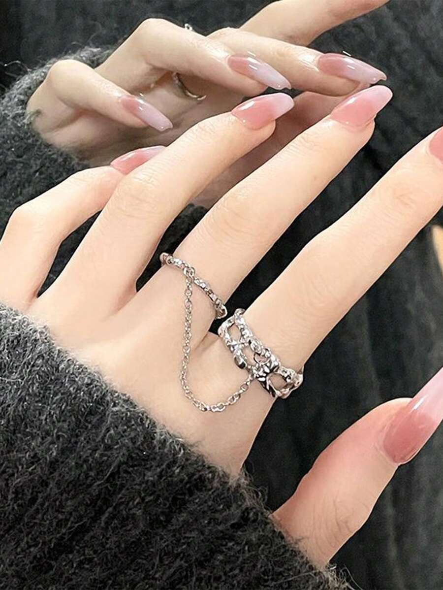 1pc Asymmetrical Lava Stone Joint Ring Suitable For Women's Daily Wear - Silver - View 1