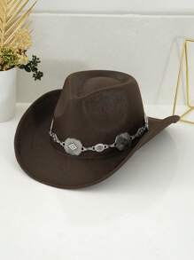 1pc Unisex PU Leather Western Cowboy Hat, Matched With Unique 3D Metal Buckle Hatband Belt Chain, Retro Steampunk Accessory, Gift For Men, Suitable For Party, Western-Themed Activities, Gatherings, Cosplay, Graduation Ceremonies, Costume Parties, Festivals, And Music Festivals Halloween