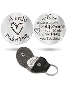 GuoShuang 1pc Stainless Steel Keychain Pendant Double Sided Inspirational Gift With PU Leather Holder - Silver - View 17