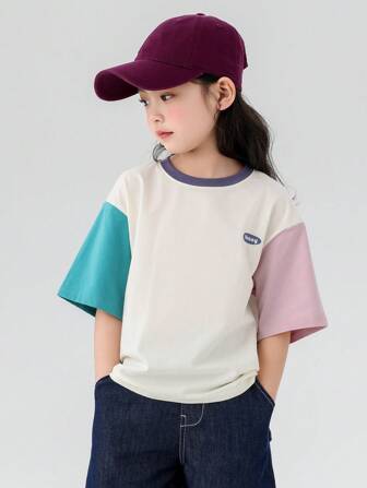 zosee Camiseta de manga corta con cuello redondo y bloqueo de color para chica joven, verano