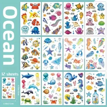 12 Sheets Glitter Ocean Sea Animals Temporary Tattoos For Boys Girls, Cute Design Cartoon Waterproof Underwater Worlds Tattoos, Birthday Party Supplies, Seaside Beach Themed For Party, Stocking Stuffer, Goodie Bags Fillers, Lasting 2-5 Days
