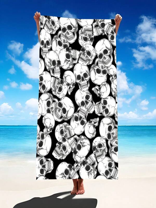 1pc Black And White Skull Pattern Beach Towel, Extra Fine Fiber Extra Large Beach Blanket, Super Absorbent Bath Towel, Suitable For Summer, Travel, Swimming, Diving, Surfing, Beach Yoga, Camping, Various Specifications For Adults And Ren, Beach Accessories Holiday Bathroom Decor Beach Essentials