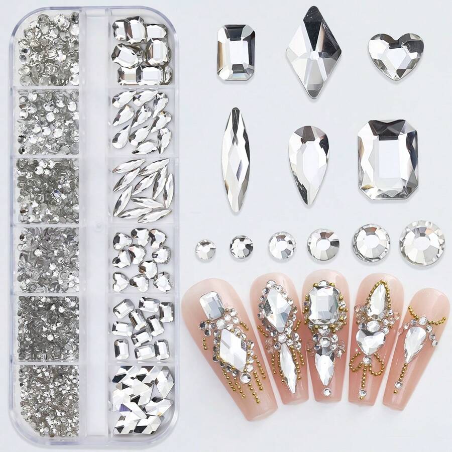 12 Lưới Đá Rhinestones Trong Suốt Trang Trí Móng Tay + 6 Loại Kim Cương Trắng Và 6 Kích Cỡ Đá Rhinestones Phẳng Dùng Để Trang Trí 3D Đá Quý Mặt Phẳng (1,5-4,3Mm) Phụ Kiện Làm Móng Tự Làm - trắng - Xem 1