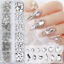 12 Lưới Đá Rhinestones Trong Suốt Trang Trí Móng Tay + 6 Loại Kim Cương Trắng Và 6 Kích Cỡ Đá Rhinestones Phẳng Dùng Để Trang Trí 3D Đá Quý Mặt Phẳng (1,5-4,3Mm) Phụ Kiện Làm Móng Tự Làm - trắng - Xem 2