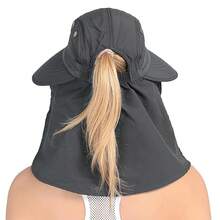 1頂女士戶外防曬可摺疊遮陽帽,網眼寬緣海灘釣魚園藝帽,帽子上有馬尾孔和大頸巾 - 彩色 - 查看 2