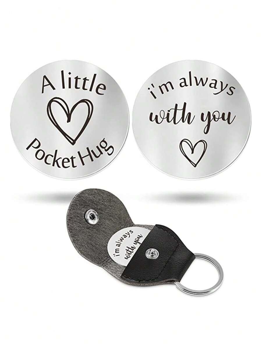 GuoShuang 1pc Stainless Steel Keychain Pendant Double Sided Inspirational Gift With PU Leather Holder - Silver - View 1