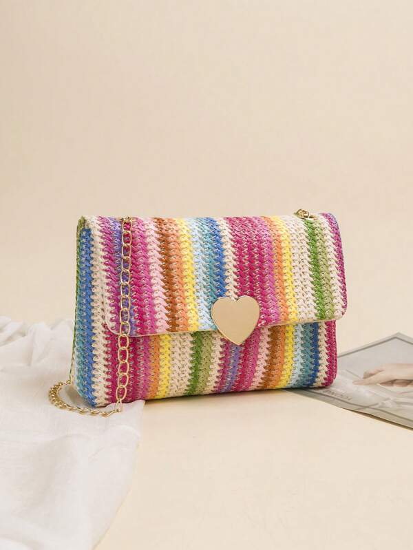 Bolsa de ombro com alça de corrente para mulheres, bolsa quadrada tecida multicor para Primavera/Verão, bolsa de praia de grande capacidade, essenciais de Verão, perfeita para férias e feriados.