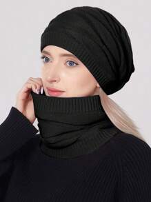 Gorro Slouchy Negro Sólido Y Pañuelo De Infinito - Negro - Ver 15