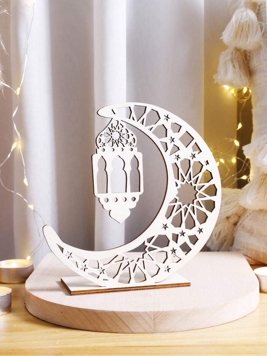 1Pc Wooden Crescent Moon Decor, Starry Night Sky Table Art, Lantern Stand, Home Decorative Accent For Festivals, Parties, And Seasonal Celebrations, Boho Chic Interior Design Element - Beige - View 1