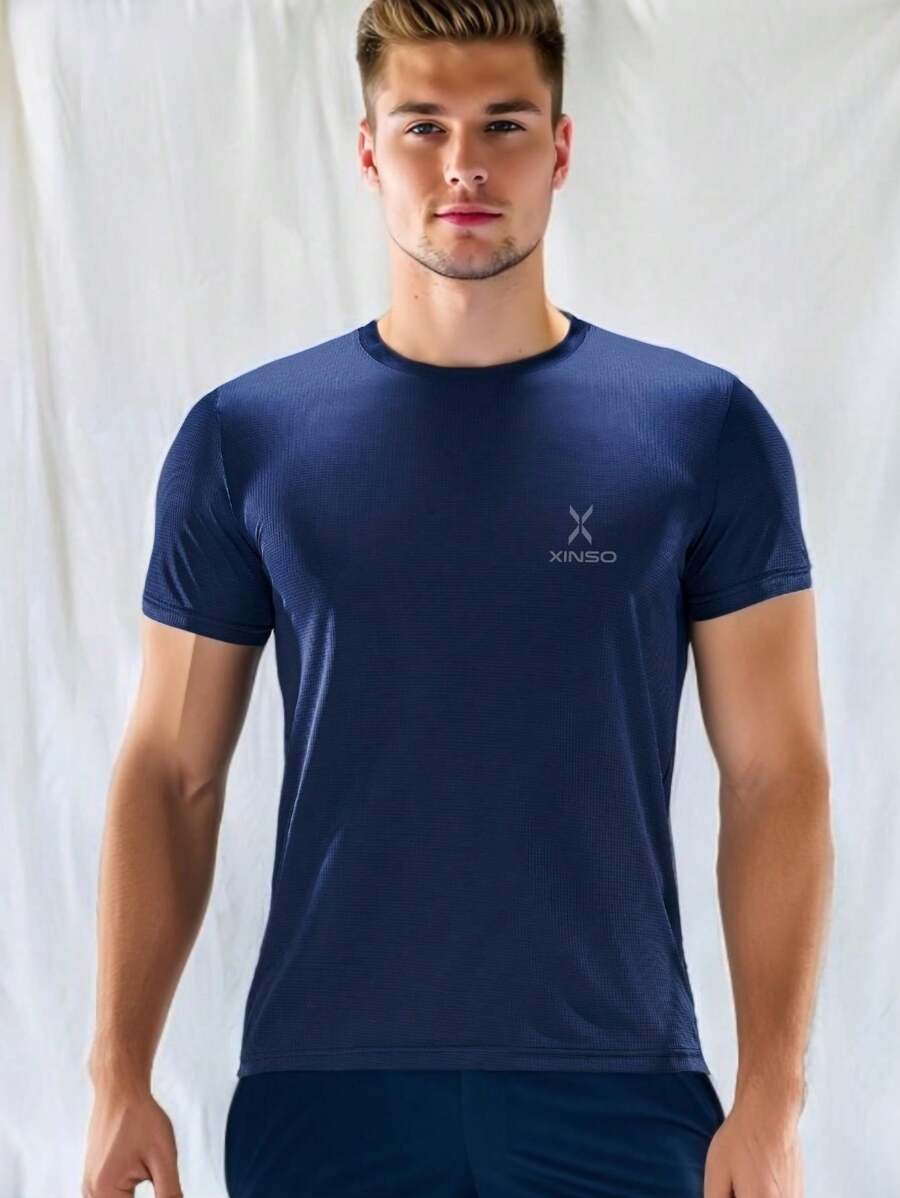 男士健身运动服跑步健身套装，时尚休闲男士健身 T 恤运动短袖上衣，超薄 - 藍色 - 查看 1