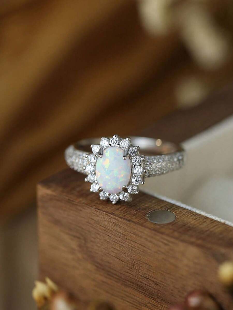 1pc S925 Sterling Silver Australian Opal & CZ Stone Sun Flower Design Minimalist Ring, Suitable For Daily Wear Valentines - Silver - View 1