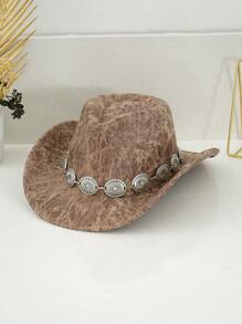 1pc Unisex PU Leather Western Cowboy Hat, Matched With Unique 3D Metal Buckle Hatband Belt Chain, Retro Steampunk Accessory, Gift For Men, Suitable For Party, Western-Themed Activities, Gatherings, Cosplay, Graduation Ceremonies, Costume Parties, Festivals, And Music Festivals Halloween