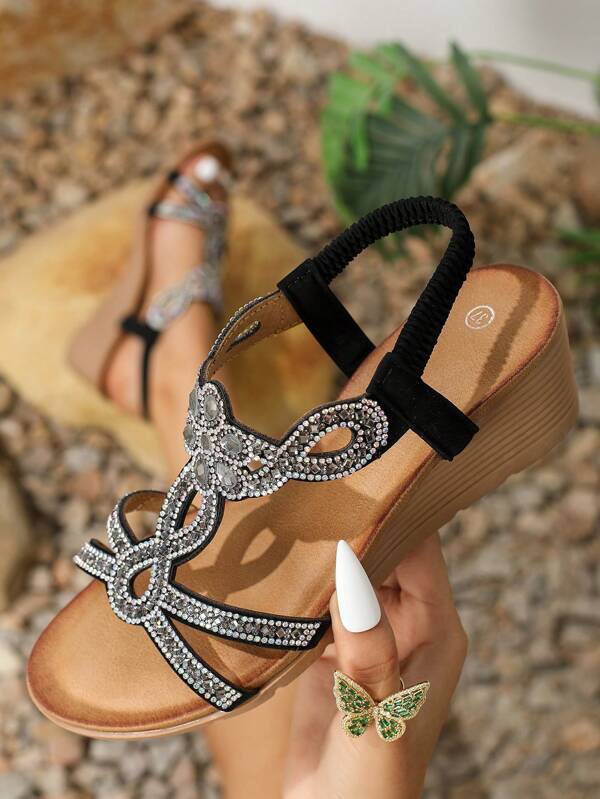 2024 New Bohemian Style High Heel Wedge Sandals With Rhinestone Decoration And Thick Soles For Women, Korean Style Valentines