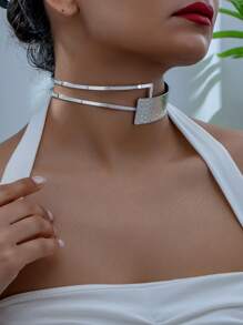 1 Pieza Collar De Gargantilla De Forma Geometrica De Moda, Perfecto Para Fiestas Y Sensacion De Lujo - Plateado - Ver 3