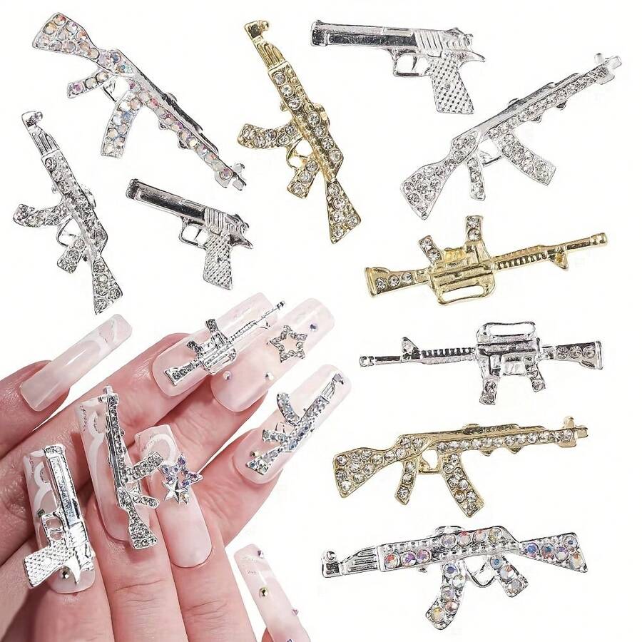 10 piezas/paquete Decoración de uñas de forma de pistola AK-47 y Tomcat de aleación de color surtido con strass para decoración de uñas DIY, encantos de uñas, joyas de uñas, suministros de uñas decoración uñas - Multicolor - Ver 1