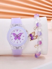 1入組女孩紫色矽膠帶時尚蝴蝶樣式夜光圓形錶盤石英表和1入組串珠手鏈適用於日常生活