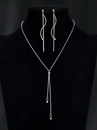 3pcs Minimalist Silver Long Chain Style Long Pendant Necklace Stick Dangle Earrings Women Party Jewelry Set