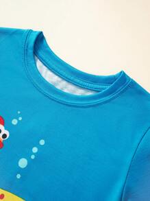Young Boy Short Sleeve Tee, Cartoon Fish Pattern, Breathable Casual Style For Summer