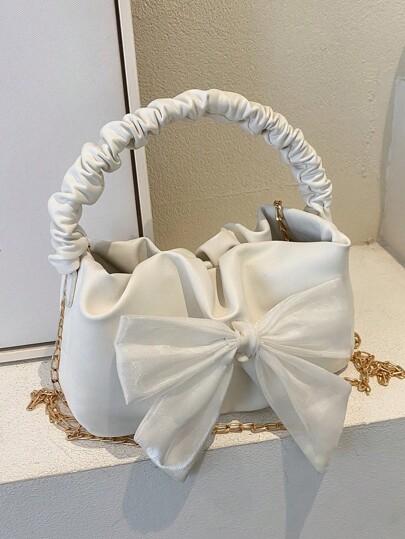 Bolso de mano con pliegues en forma de media luna de moda para mujeres, bolso de hombro en forma de nube mini con decoración de lazo de bufanda, bolso de mensajero casual con correa de cadena metálica