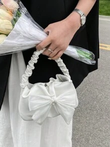女士时尚褶皱新月手提包，迷你云朵形单肩包，配围巾蝴蝶结装饰，休闲斜挎包，配金属链带 - 白色 - 查看 6