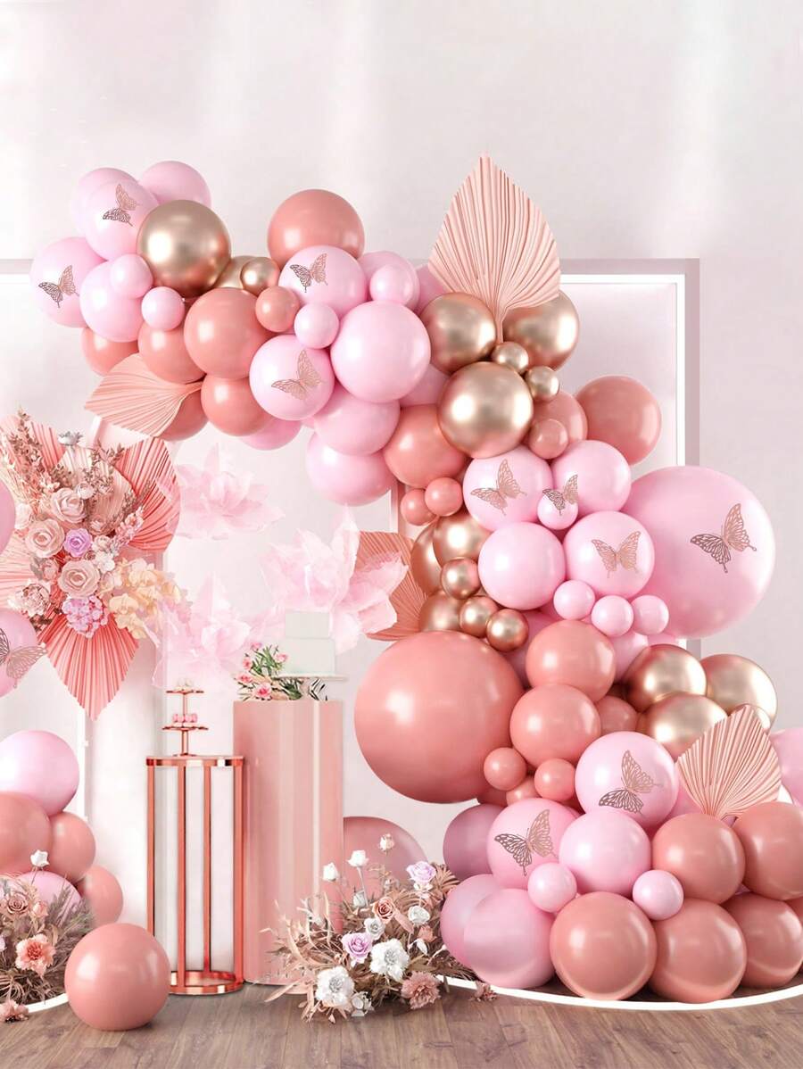 111 件粉色主题装饰气球拱门套装，复古粉色气球玫瑰金装饰气球拱门套件，完美装饰节日生日婚礼派对背景、圣诞节