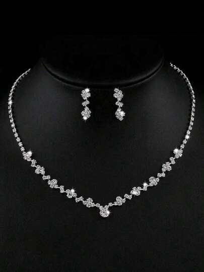 3 Piezas/set Conjunto De Joyas Nupcial Para Mujeres Con Decoración De Diamantes De Imitación Que Incluye Collar Y Aretes Para Mujer O Niña, Regalo De Boda De Fiesta De Lujo