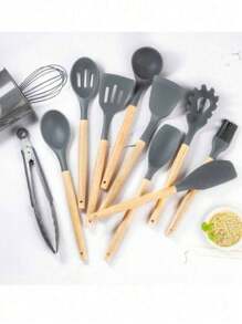 12 utensilios de cocina con cubos cubos de almacenamiento de mango de madera herramientas de cocina antideslizantes cucharas de silicona,con Cepillo/ Batidor/ Espátula/ Cuchara/ Cucharón/ Pinzas tenedor para pasta, Herramientas de Cocina para Cocinar, Mezclar y Hornea - Gris - Ver 3