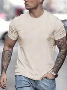 Men's Solid Color Round Neck Short Sleeve Sports T-Shirt - Apricot - View 1