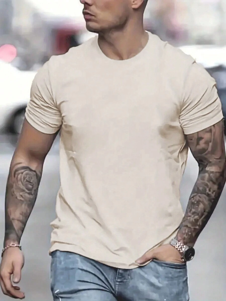 Men's Solid Color Round Neck Short Sleeve Sports T-Shirt - Apricot - View 1