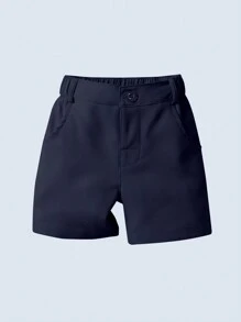 年輕男孩純色簡約休閒短褲，適用於日常郊遊、假期、旅行、校園、夏季 - 藏蓝色 - 查看 1