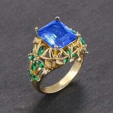 1個款式時尚的藍色海洋立方氧化鋯方形戒指,帶葉裝飾,適合女性日常佩戴 - 樹葉藍寶石戒指 - 查看 1