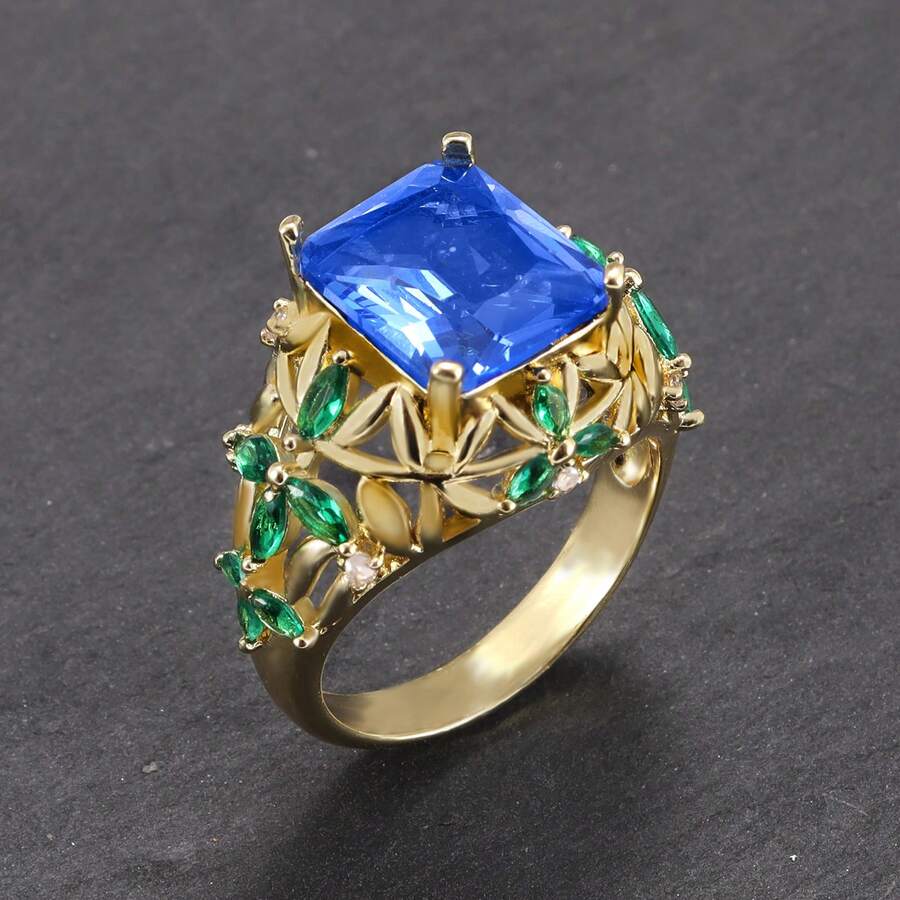 1個款式時尚的藍色海洋立方氧化鋯方形戒指,帶葉裝飾,適合女性日常佩戴 - 樹葉藍寶石戒指 - 查看 1