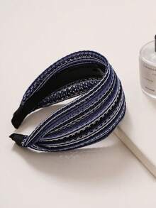 1pc Colored Striped Wide Linen Fabric Hairband, Perfect For Daily Wear & Covering White Hair For Women Boho - Blue - View 3