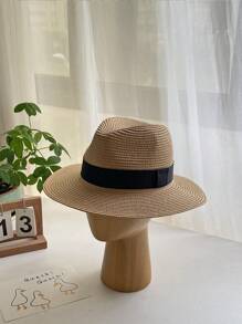 1pc Women's Khaki Western Style Cowboy Hat With Upf 50+ Sun Protection, Panama Straw Hat With Black Belt Decoration, Vintage Style, Lightweight, Breathable, Suitable For Beach And Travel, Wedding Season, Music Festival, Valentine's Day Gift