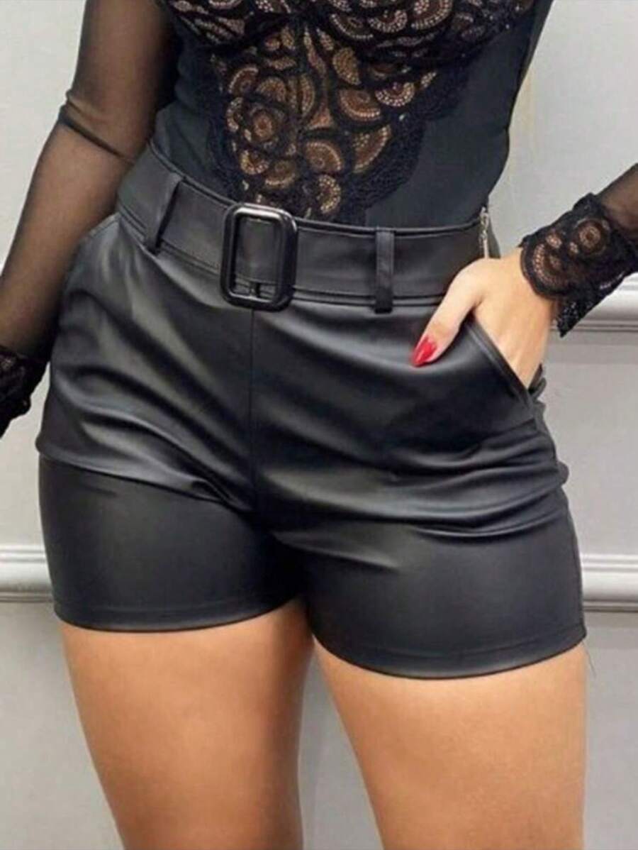 Women's Shorts With Belt, Cirrê Leatherette, High Waist Shorts - 黑色 - 查看 1