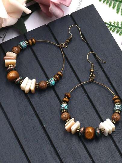2pcs Bohemian Handmade Beaded Earrings, Shell & Wooden Beads Hoop Earrings For Women, Party