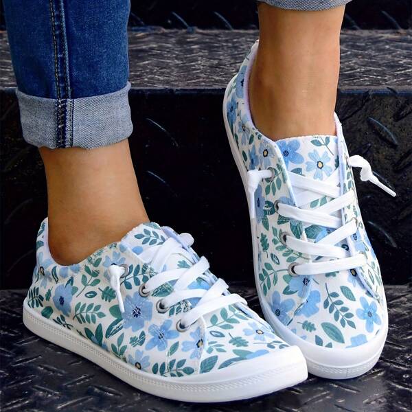Women's New Spring/Summer Casual Sports Shoes, Breathable & Lightweight & Comfortable, Stylish & Versatile Multi-Colored Floral Printed Flat Canvas Sneakers